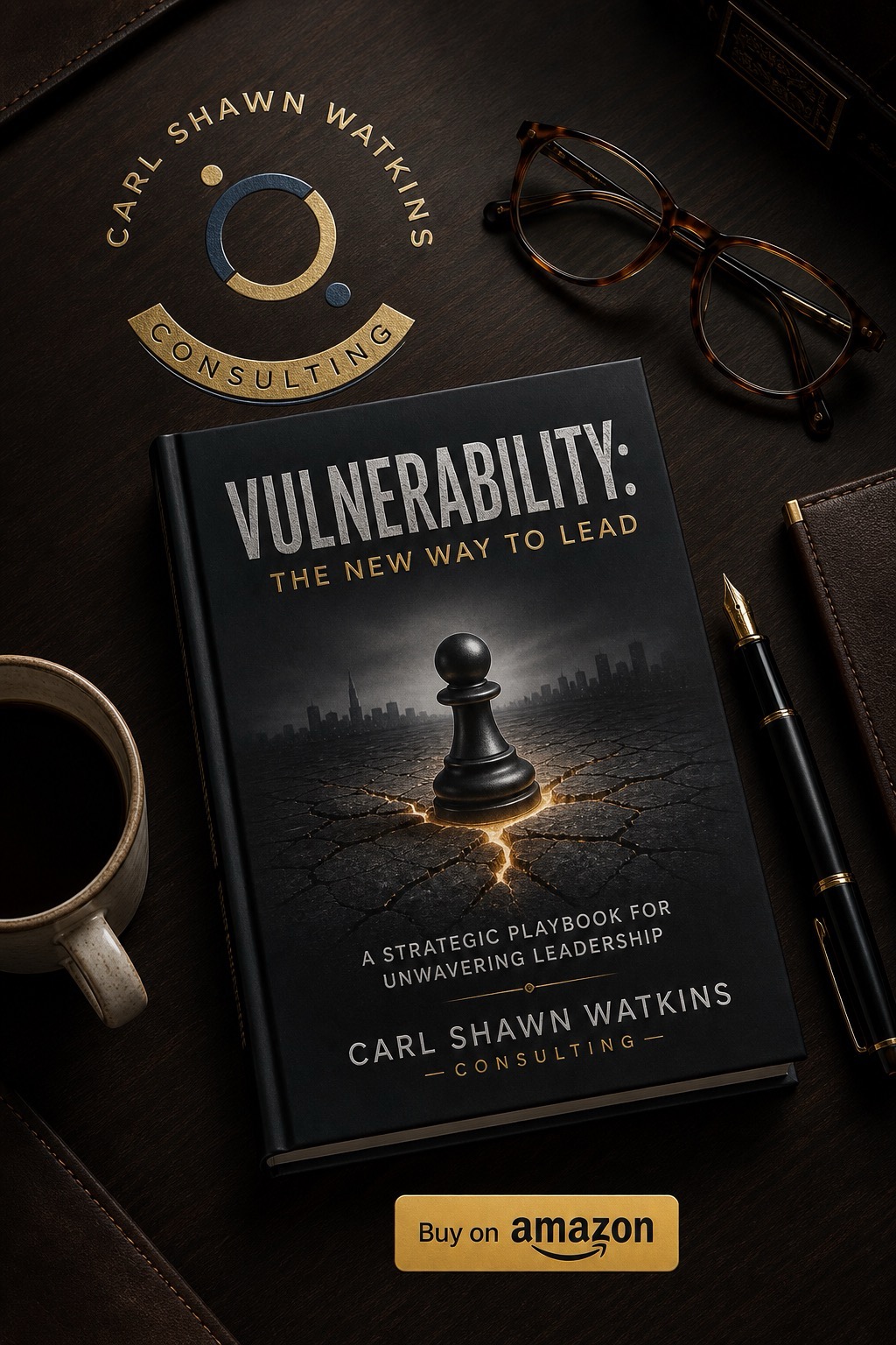 Vulnerability: A New Way to Lead by Carl Shawn Watkins — the book on a dark surface with a mug, eyeglasses, a pen and a leather notebook