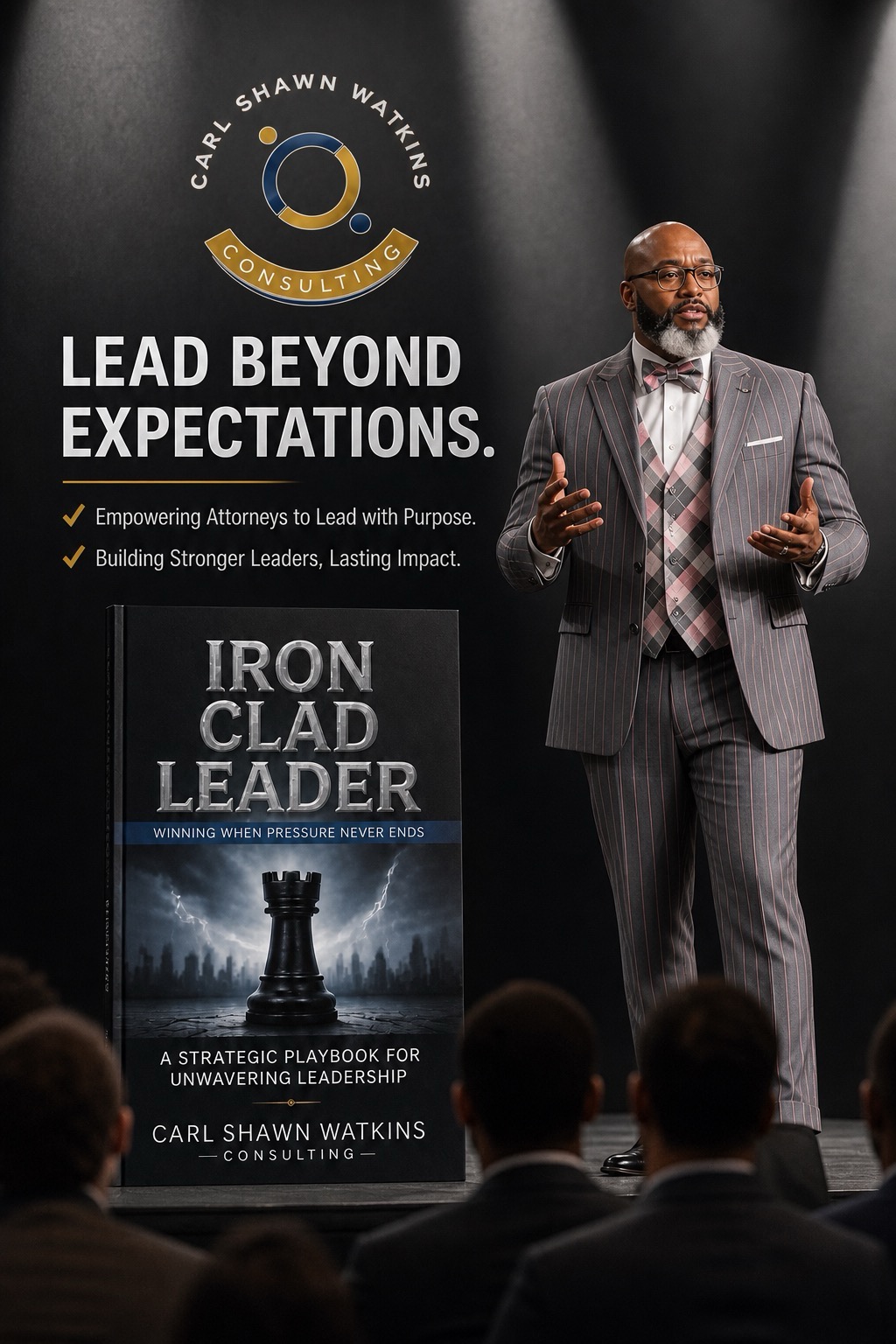 Carl Shawn Watkins delivering a keynote on stage beside the Iron-Clad Leader display — Lead Beyond Expectations. Empowering Attorneys to Lead with Purpose.