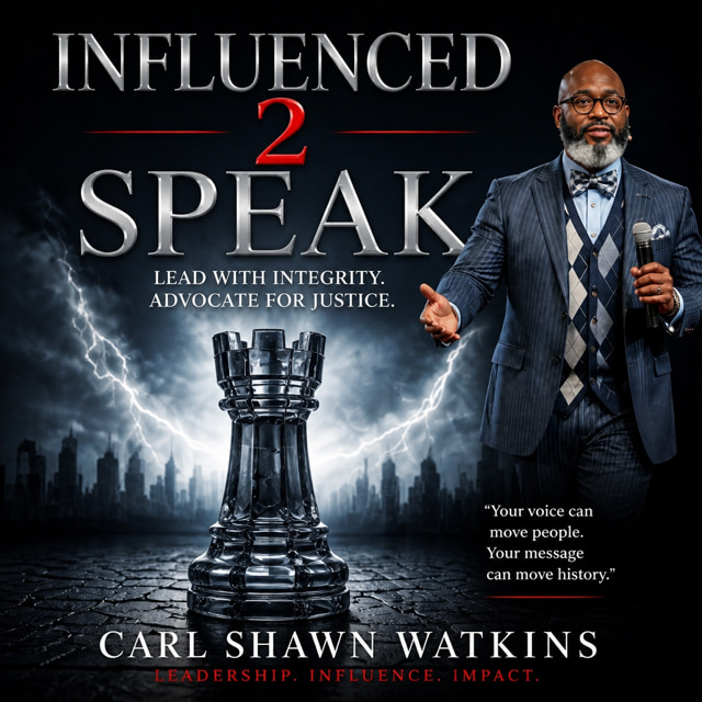 Influenced 2 Speak by Carl Shawn Watkins — forthcoming book cover: a metallic chess king on cracked stone under a lightning sky, with the author holding a microphone, and the line Lead with Integrity. Advocate for Justice.